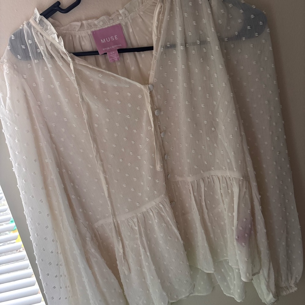 Muse Cream Swiss Dot Peasant Top with Ruffle Hem